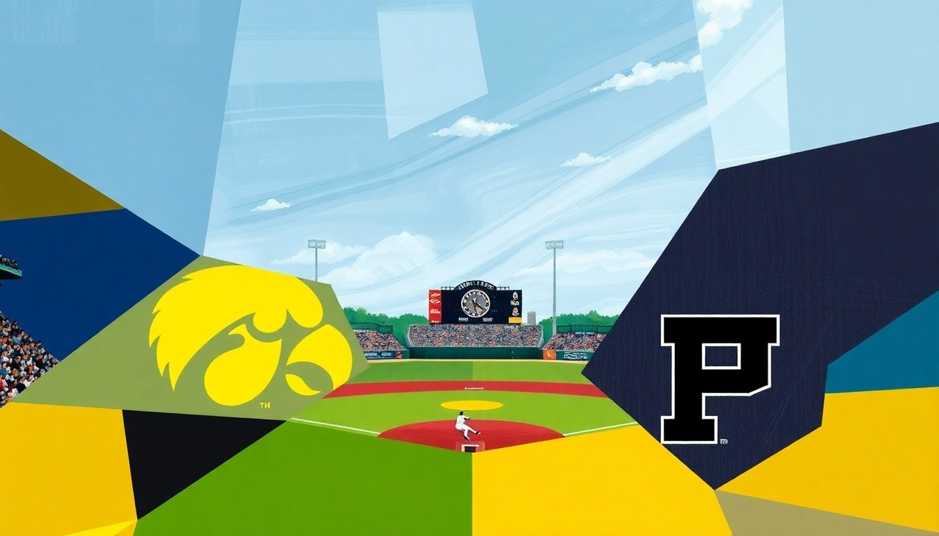 A fractured, cubist-style painting depicting the action of a college baseball game, with the players and field broken down into overlapping geometric shapes in the team colors of Iowa and Purdue.