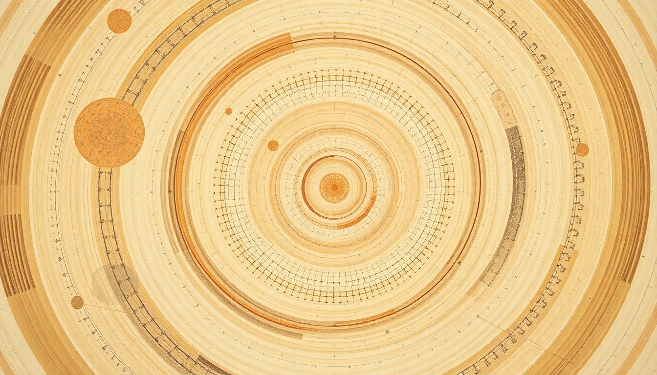 A highly textured, abstract painting in earthy tones featuring sweeping geometric shapes, concentric circles, and precise organic spirals, conceptually representing the dynamic 3D organization of the human genome and its role in gene regulation.