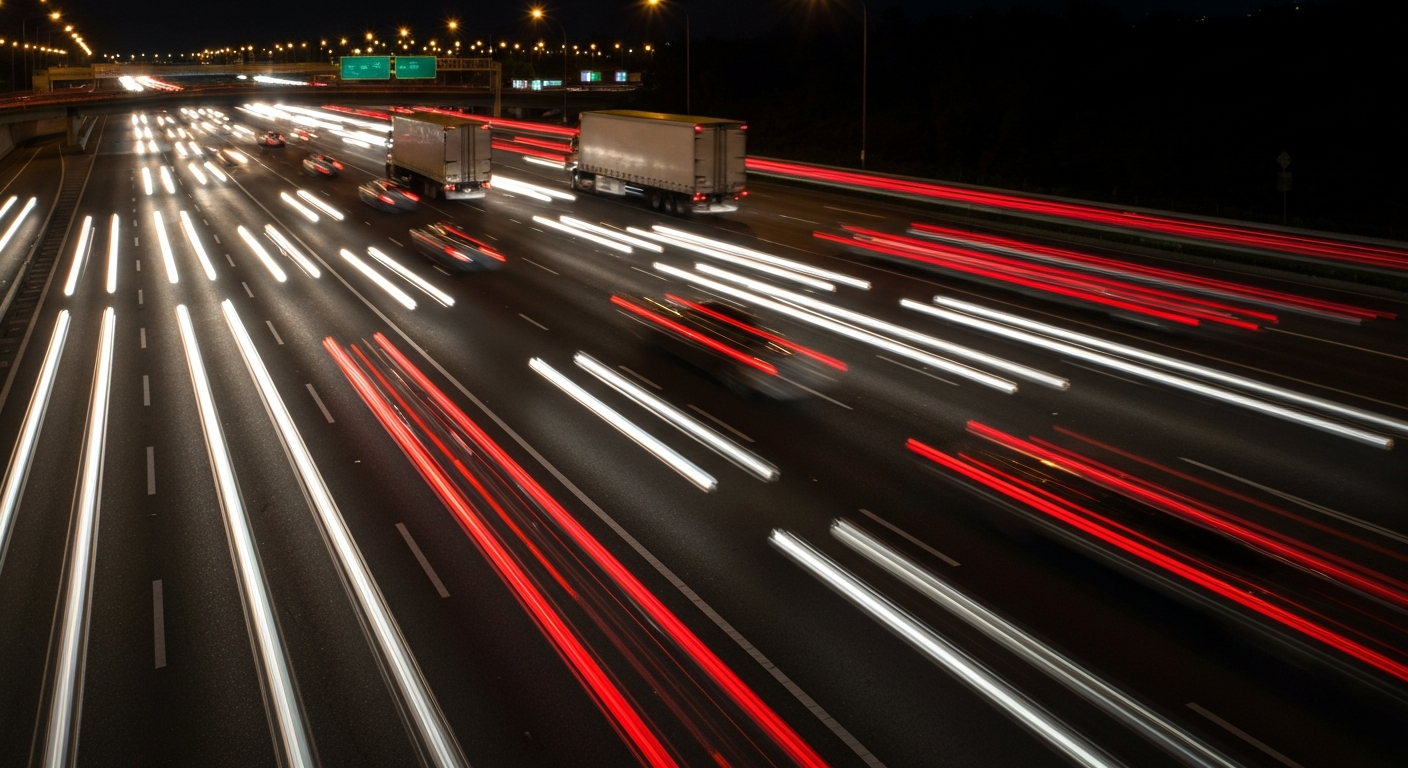 A long exposure photograph showing the blurred motion of cars and trucks on a busy interstate highway at night, with streaks of red and white lights against a dark background, conceptually representing the traffic disruptions caused by the overnight closures.