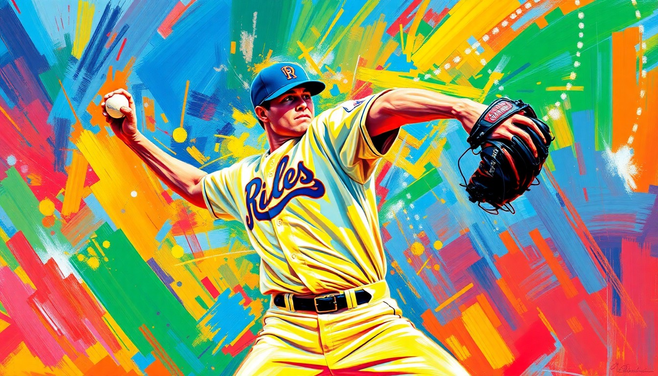 An abstract, expressionist painting featuring bold, neon-colored brushstrokes that capture the dynamic motion and emotion of a baseball player throwing a pitch, representing the spirit of the Royals' tribute to Terrance Gore.