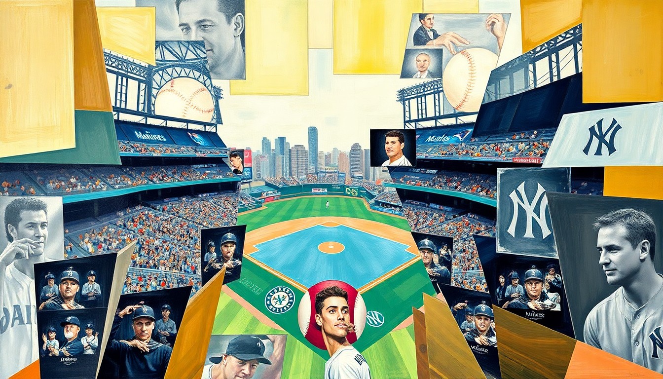 A fractured, cubist-style illustration depicting a baseball game between the Mariners and Yankees, with the players and field broken down into sharp, overlapping geometric shapes and planes of color, conveying the strategic considerations behind resting a star player.