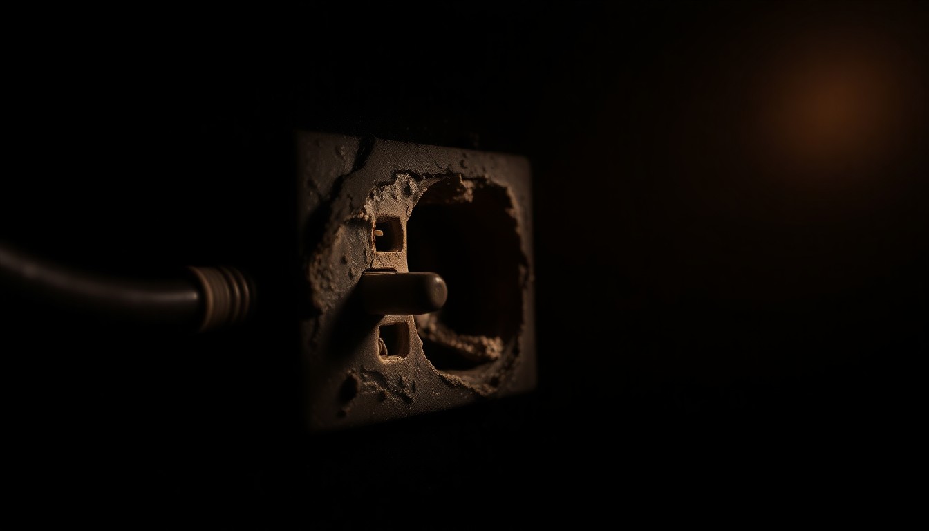 An extreme close-up photograph of a charred and melted electrical outlet, conceptually illustrating the aftermath of a residential fire.