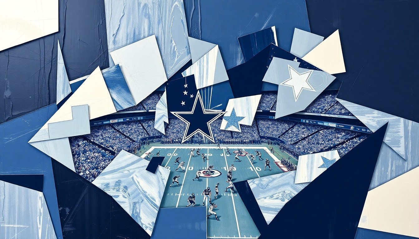 A cubist, geometric painting depicting a fragmented football game, with sharp planes of navy blue, silver, and white representing the Dallas Cowboys colors, conveying the complex personal struggles of a high-profile athlete.