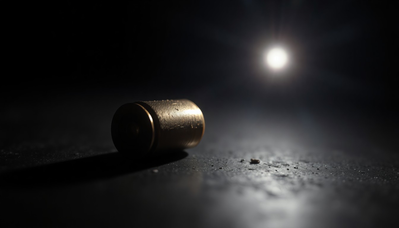An extreme close-up photograph of a spent bullet casing on a dark surface, lit by a harsh, direct camera flash, creating a stark, investigative aesthetic without any text or symbols.