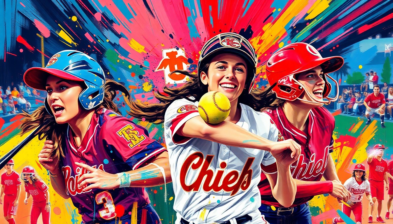 An abstract, energetic painting in neon colors depicting the frenetic action and movement of a high school softball game, with players' forms dissolving into expressive brushstrokes.