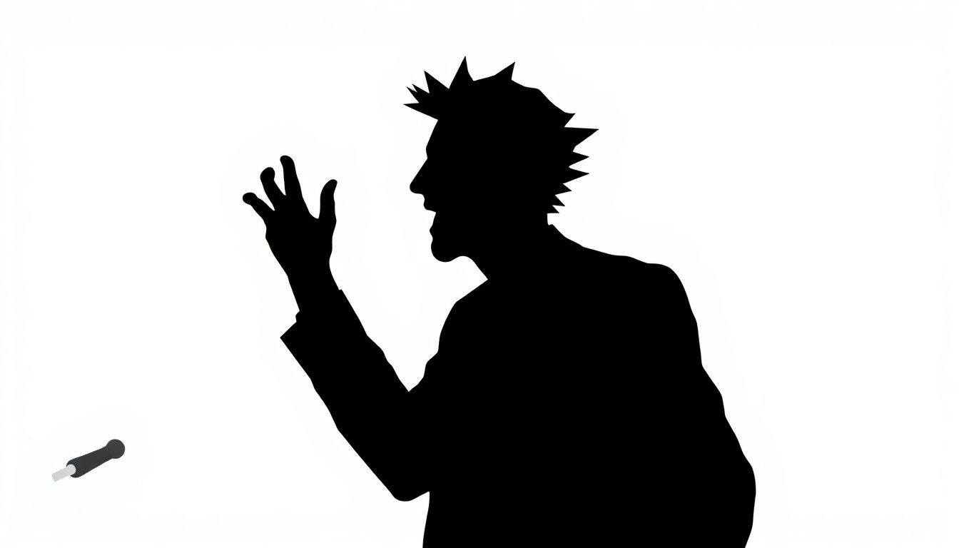 An abstract, minimalist illustration featuring stark black silhouettes of a comedian's head and microphone against a high-contrast background of solid red and white colors, conceptually representing the idea of breaking free from traditional stand-up conventions.