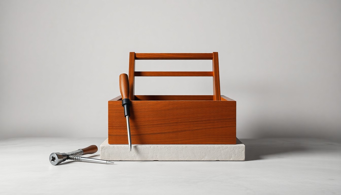 A minimalist, photorealistic studio still life featuring a polished wooden toolbox, metal screwdrivers, and a smooth concrete surface, conceptually representing the abstract financial strategies and risk factors in the home improvement industry.