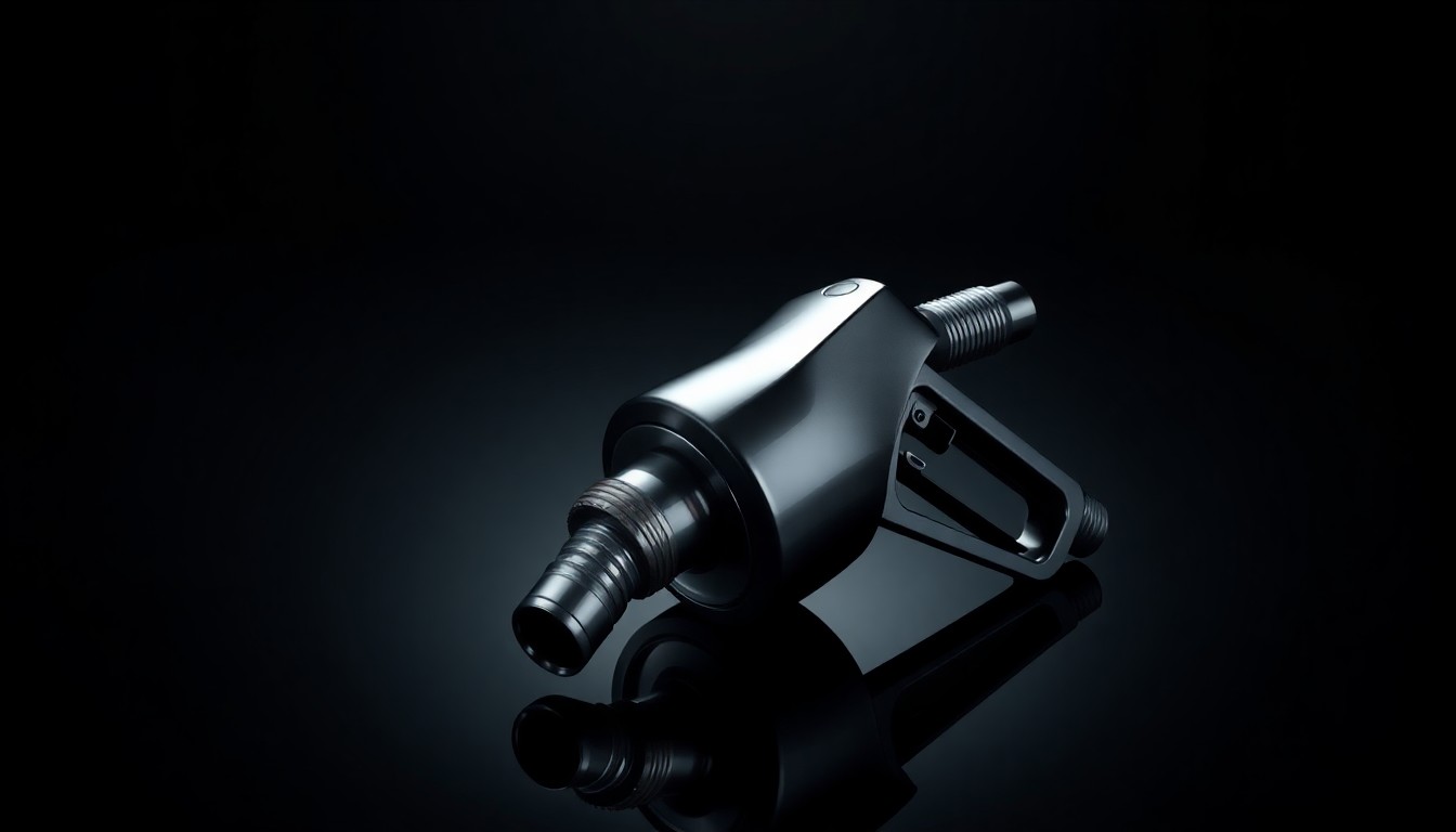 A close-up photograph of a shiny, chrome-finished gas pump nozzle resting on a sleek, black surface, conveying a sense of premium quality and precision.
