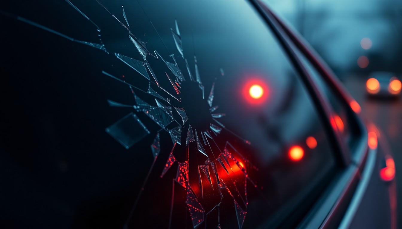 An extreme close-up of shattered car window glass reflecting a faint red light, conceptually representing the aftermath of a drive-by shooting incident.