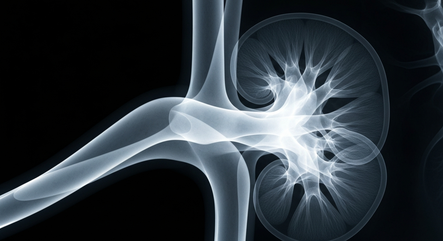 An X-ray-like image showing the internal structure of a human kidney with several cysts visible as ghostly, glowing shapes against a dark background, conceptually illustrating the effects of autosomal dominant polycystic kidney disease.