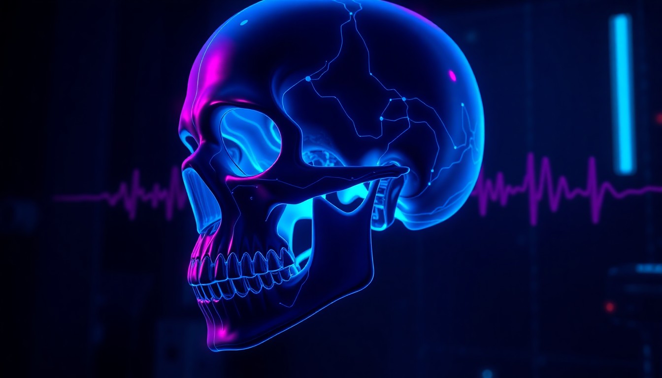 A highly detailed, glowing 3D illustration of a human skull with pulsing neon blue and magenta lights tracing the intricate bone structure and vibration patterns, conceptually representing the biometric security technology developed by Rutgers researchers.