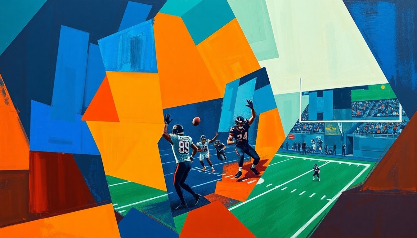 A fragmented, geometric painting depicting a football game, with sharp planes of color and overlapping perspectives, conveying the conceptual idea of scheme fit and team compatibility for NFL draft prospects.