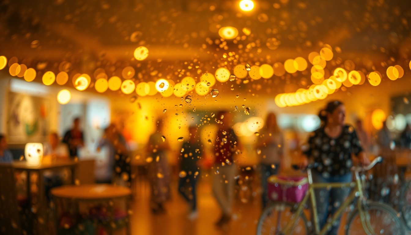 An abstract, out-of-focus photograph in warm, soft colors depicting the cozy, community-focused atmosphere of the events mentioned in the newsletter, such as people gathered at a bicycle maintenance clinic or enjoying a nature center's Raptor Saturday event.