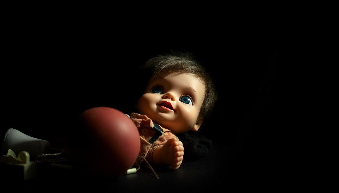 An extreme close-up photograph of a shattered child's toy or personal item, lit by a harsh, direct camera flash against a pitch-black background, creating a stark, gritty, investigative aesthetic.