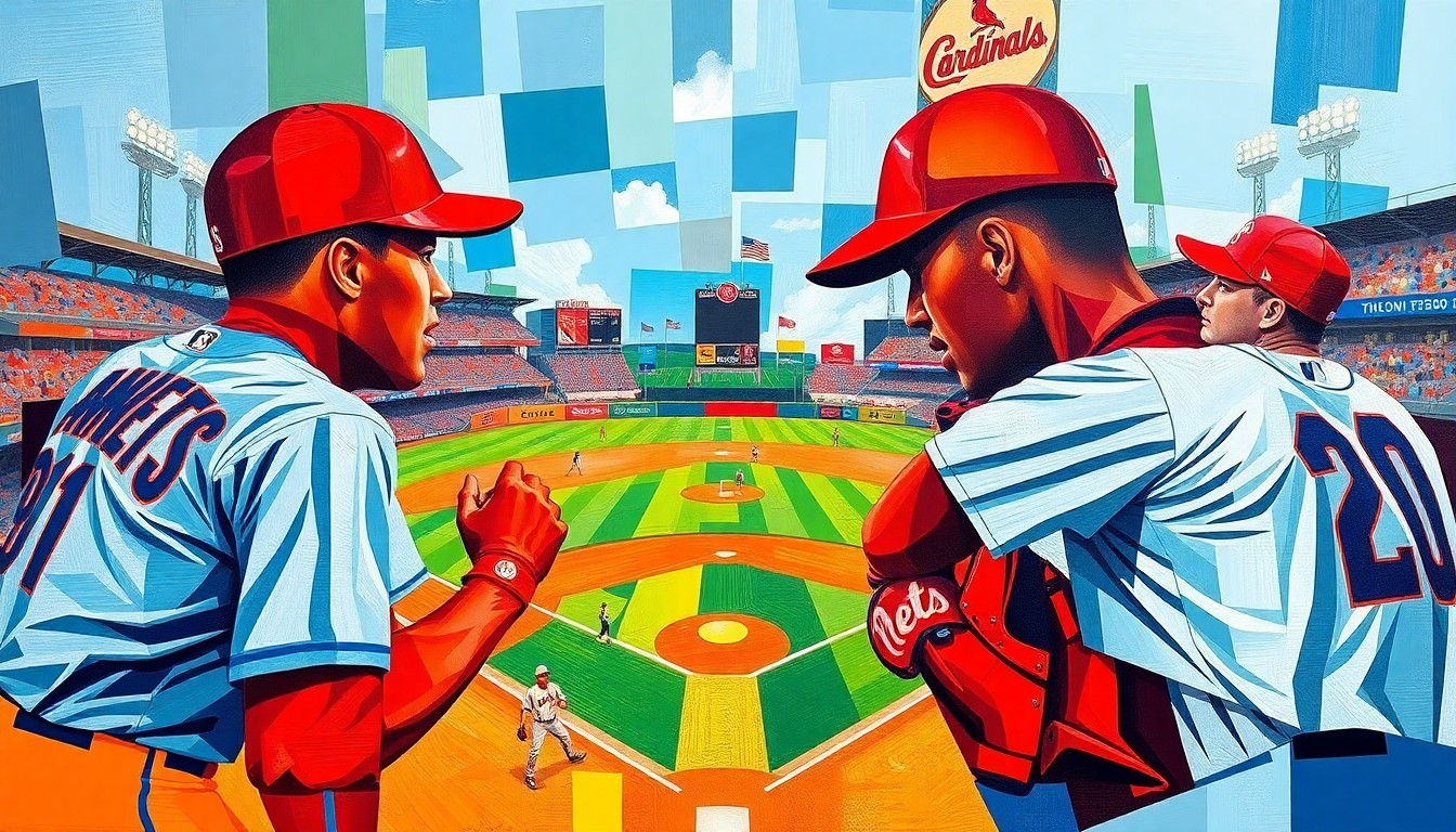 A fragmented, geometric painting in bold colors depicting the dynamic action of a baseball game, with players and the field deconstructed into sharp, overlapping planes.