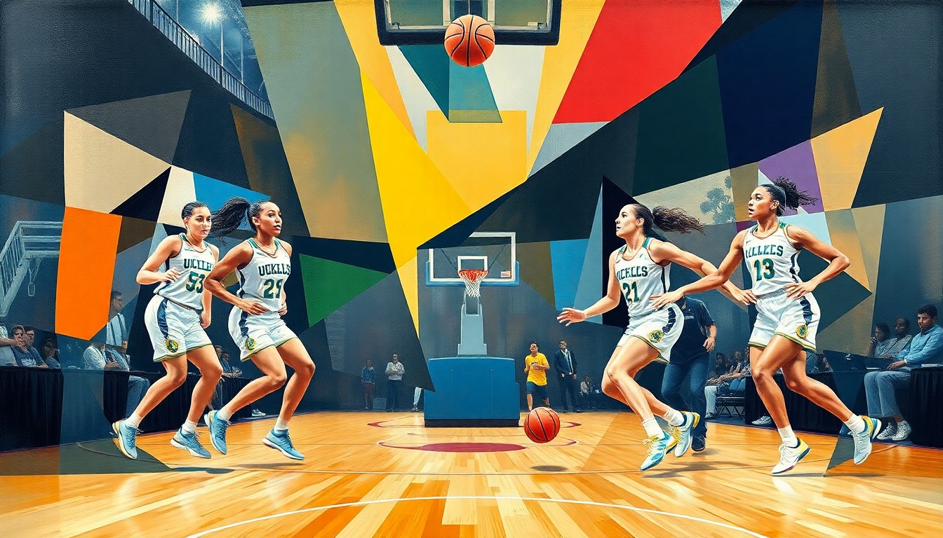 A cubist, geometric painting depicting a fragmented women's basketball game, with the players' forms broken down into abstract shapes and colors, and the court and ball also deconstructed into overlapping planes.
