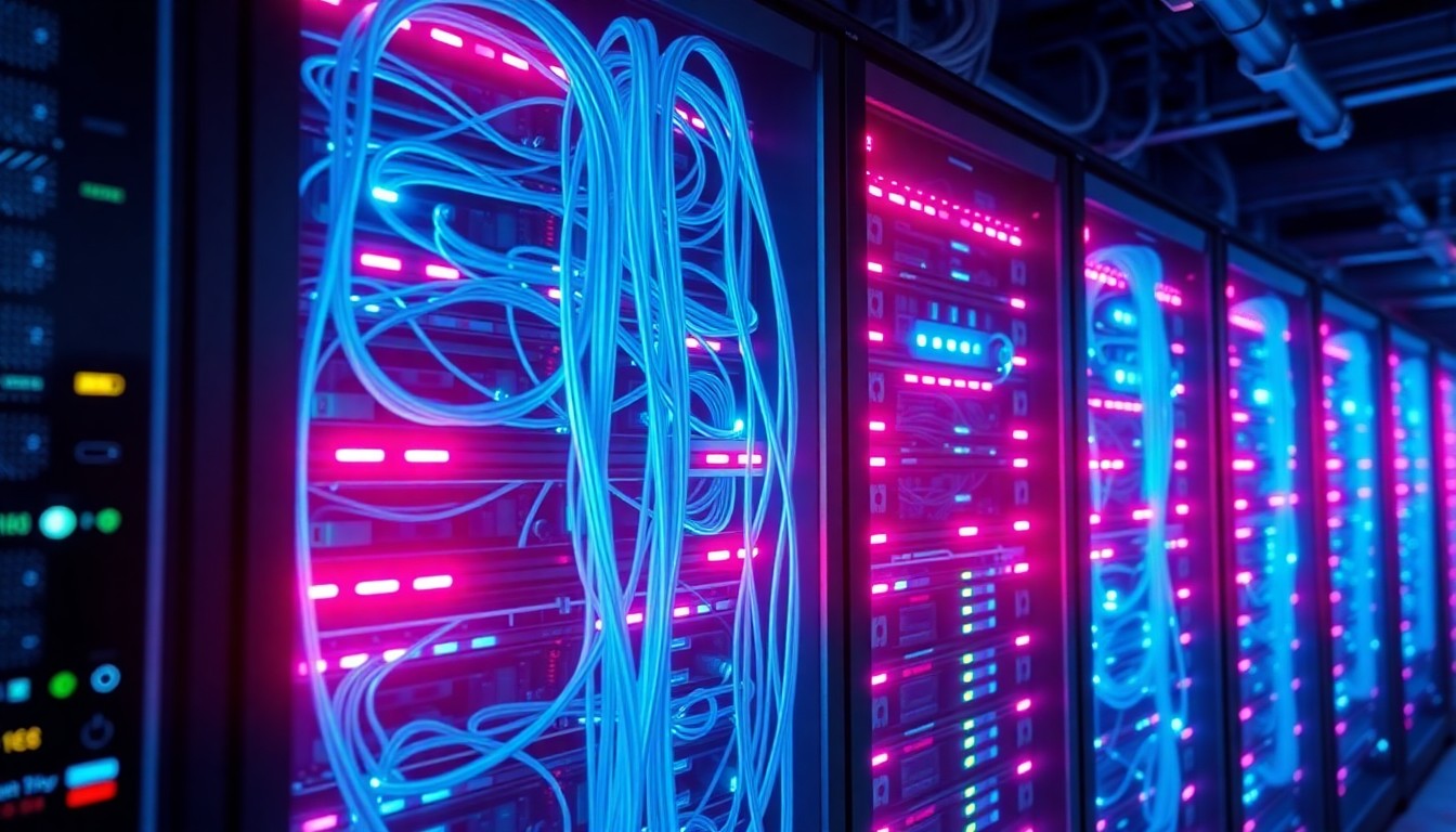 A highly detailed, glowing 3D illustration of a data center server rack, with neon cyan and magenta lights illuminating the complex network of cables, circuit boards, and cooling systems, conceptually representing the technological complexity and potential vulnerabilities of modern data infrastructure.