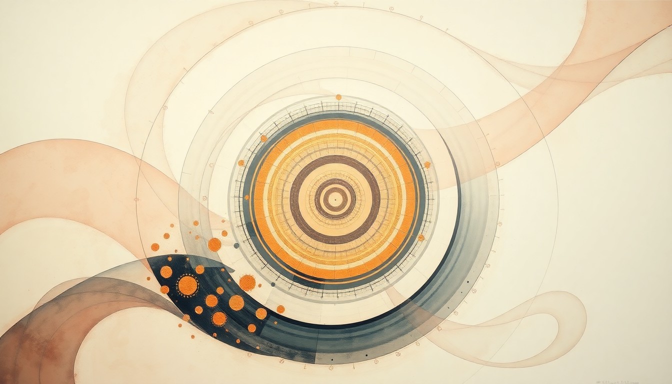 An abstract, geometric illustration depicting the dynamic structure of a perovskite crystal lattice, with sweeping arcs and concentric circles in soft, earthy tones representing the reversible changes triggered by exposure to light.