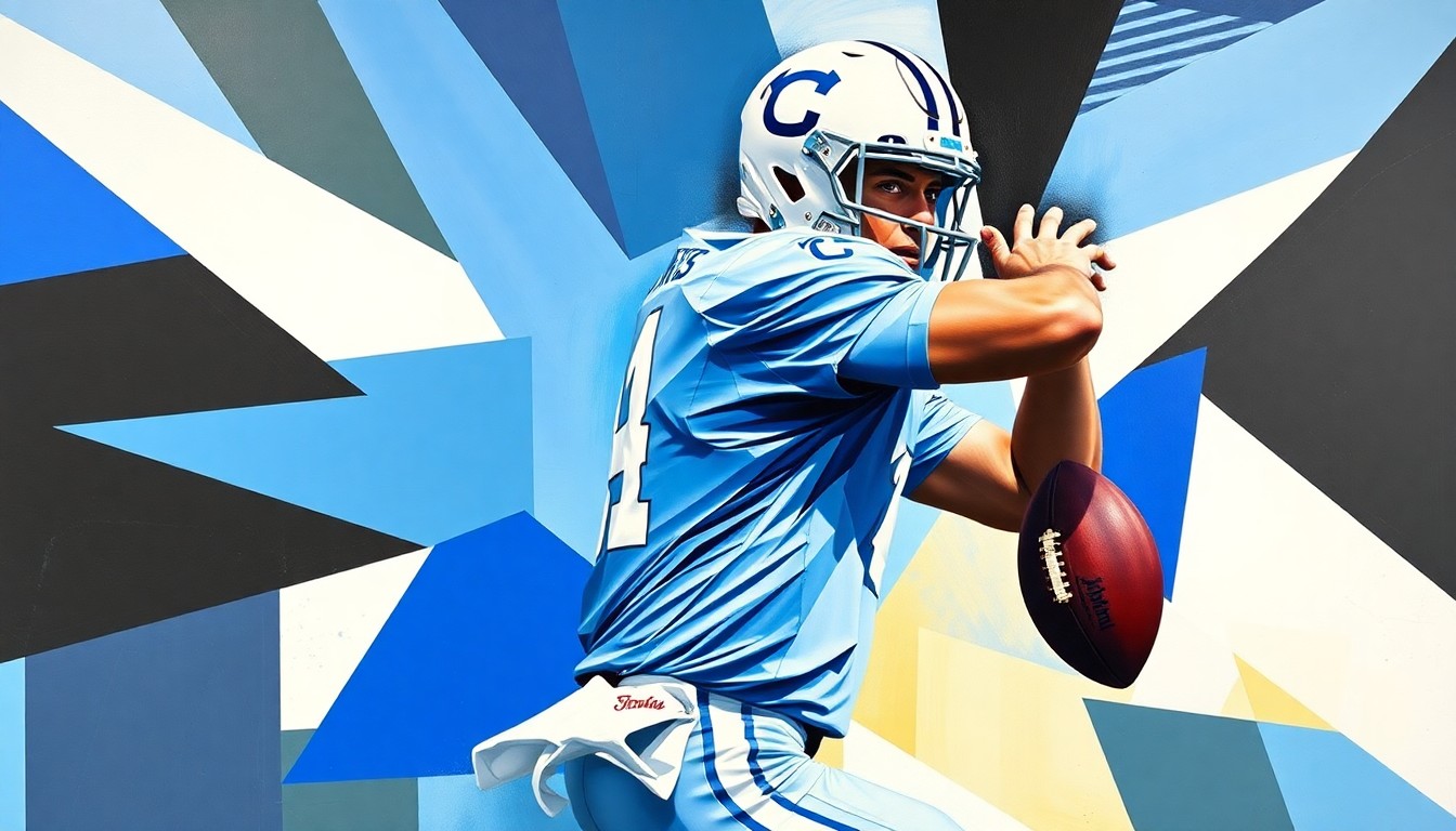 A cubist, geometric painting depicting a UNC football quarterback in motion, with sharp, overlapping planes of blue, white, and black representing the fractured, multi-perspective nature of the play.