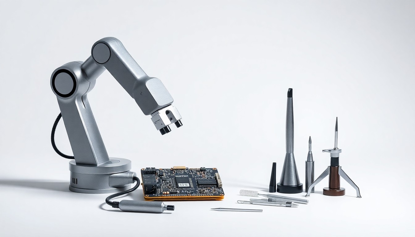 A photorealistic studio still life featuring a silver robotic arm, circuit board, and precision tools arranged elegantly on a clean white background, conveying the advanced automation technology at the core of this partnership.