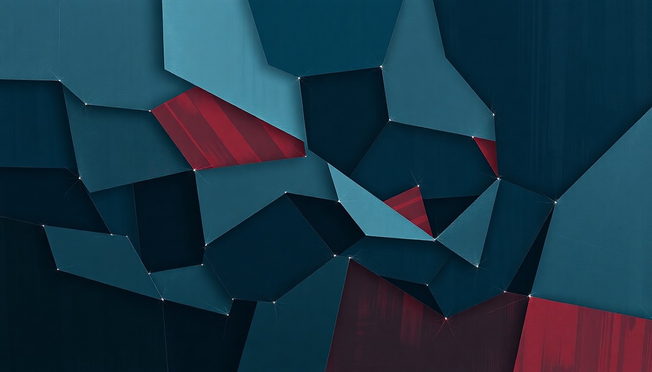 An abstract, fractured painting in dark blue, steel grey, and muted red tones, depicting the concept of a complex, anonymized cryptocurrency network used to evade sanctions.