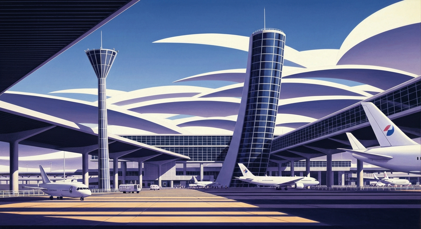 A bold, geometric illustration depicting the grand scale and streamlined efficiency of a modern airport, with sweeping airbrushed gradients and towering forced perspectives, capturing the conceptual idea of restored order and functionality after a period of disruption.