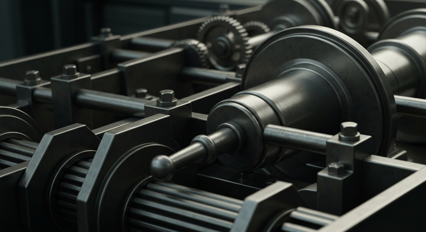 An extreme close-up of interlocking metal gears and machinery, conceptually representing the complex financial systems and infrastructure that underpin global markets.