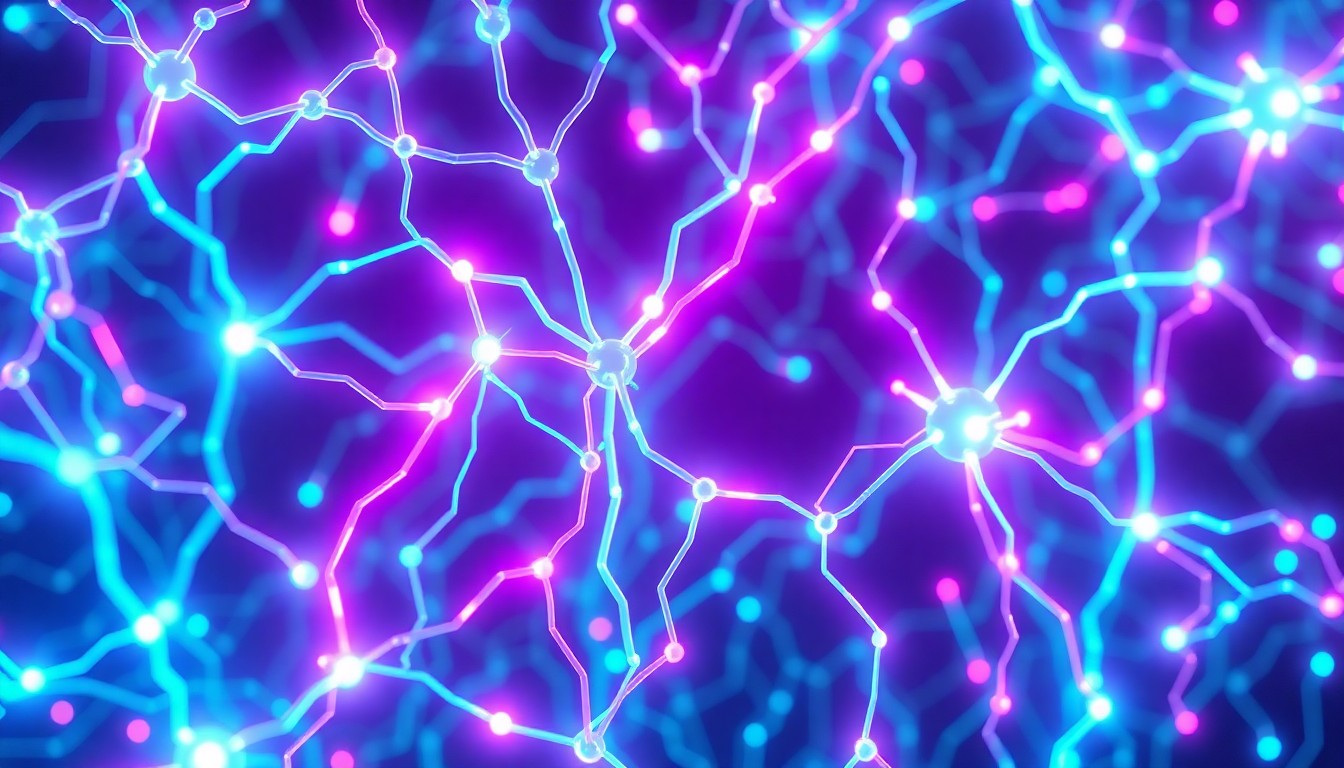 A highly detailed 3D illustration of a glowing, neon-lit AI neural network, with pulsing cyan and magenta lights flowing through the interconnected nodes and circuits, conceptually representing the powerful digital infrastructure powering the AI recommendations that are transforming the mortgage and real estate industries.