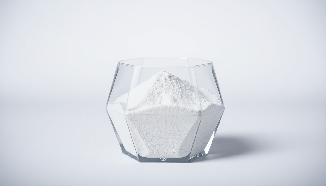 A polished, geometric glass container filled with fine white powder, representing 13X molecular sieve activated powder, set against a clean, monochromatic background with dramatic studio lighting to convey the premium, technical nature of this industrial material.