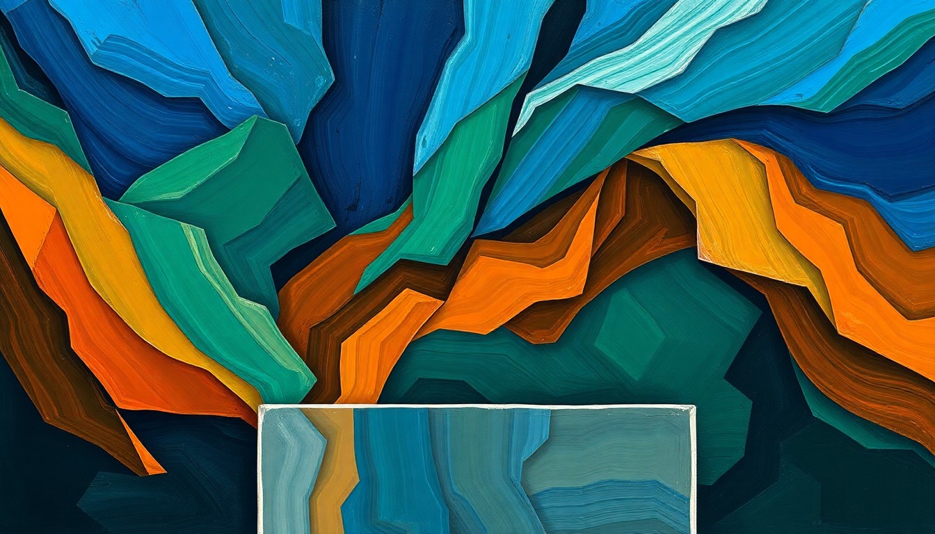 A vibrant, abstract painting featuring a fractured, overlapping image of a voting booth or ballot box in shades of blue, green, and orange, conveying a sense of political tension and shifting power dynamics.