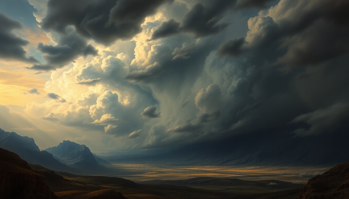 A vast, majestic landscape painting in muted tones of grey, blue, and green, with a towering, turbulent sky dominating the frame and dwarfing the small structures below, conveying the overwhelming scale and power of an approaching storm system.