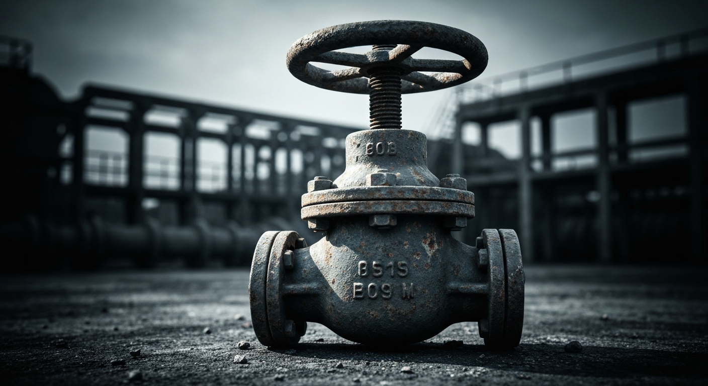 An extreme close-up of a damaged gas main valve, its rusted metal surface reflecting a dim light, conceptually representing the physical aftermath and infrastructure issues behind a serious gas explosion incident.
