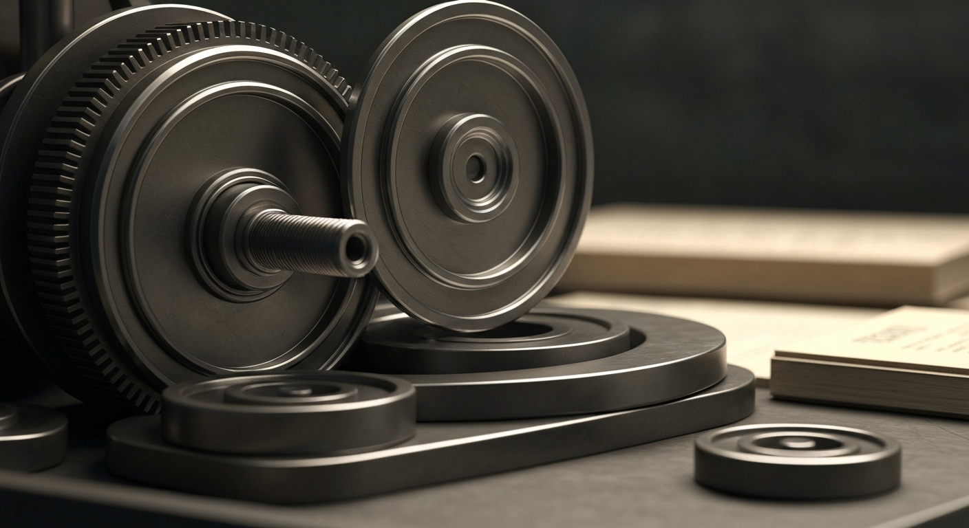 An extreme close-up of industrial machinery and equipment, conveying the heavy, physical nature of the healthcare distribution business without using any literal financial symbols or text.