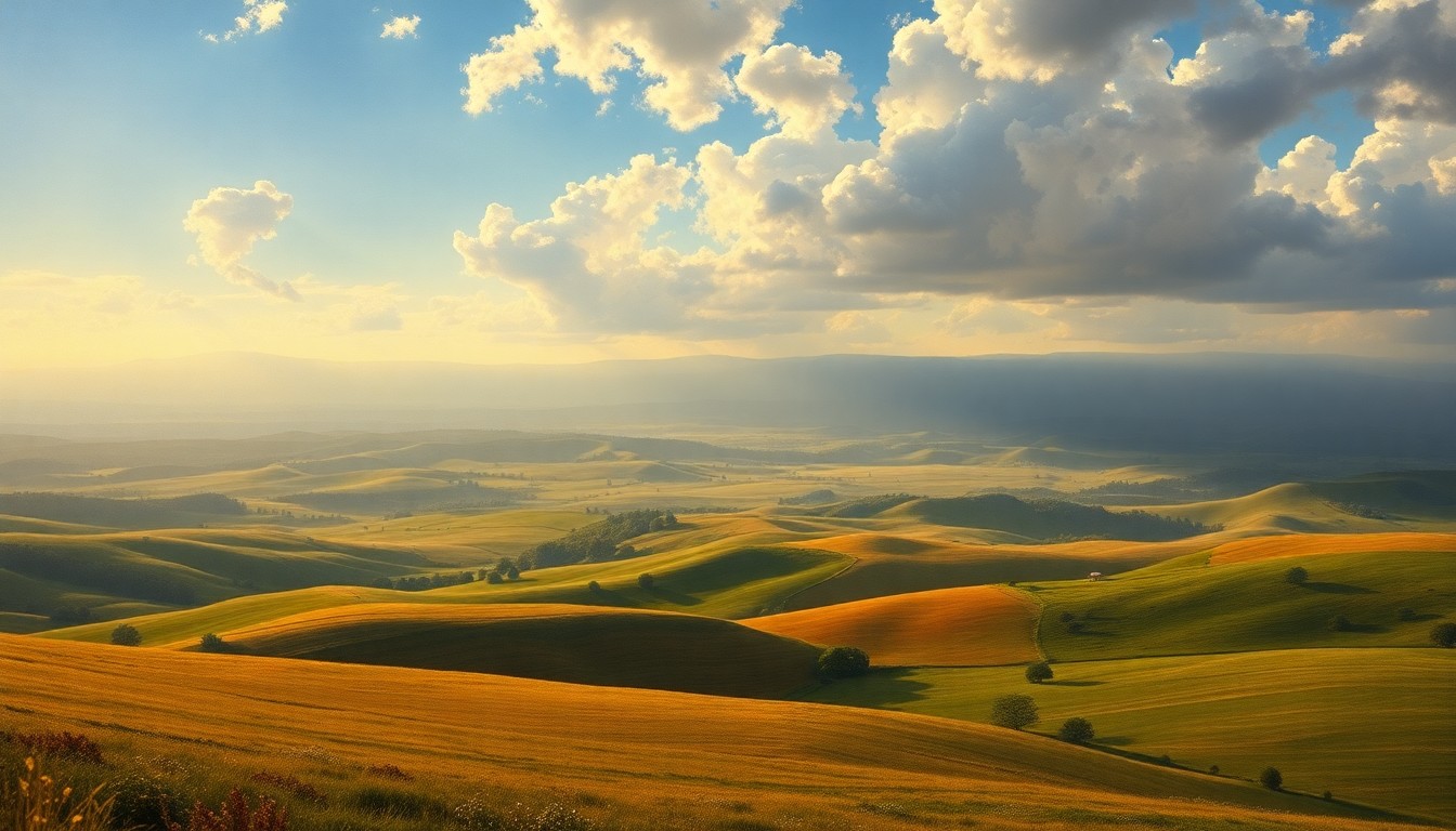 A serene, sun-drenched landscape painting with rolling hills and a distant horizon, capturing the pleasant weather conditions in a dramatic, atmospheric style.