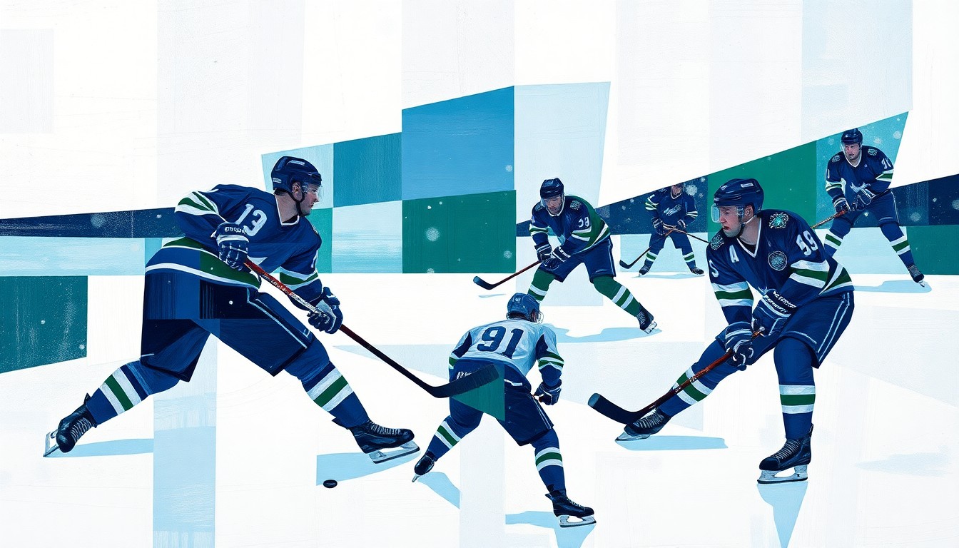 A cubist, geometric painting depicting the chaotic final moments of an NHL hockey game, with fragmented shapes and planes representing the players, sticks, and ice in a dynamic, abstract composition.