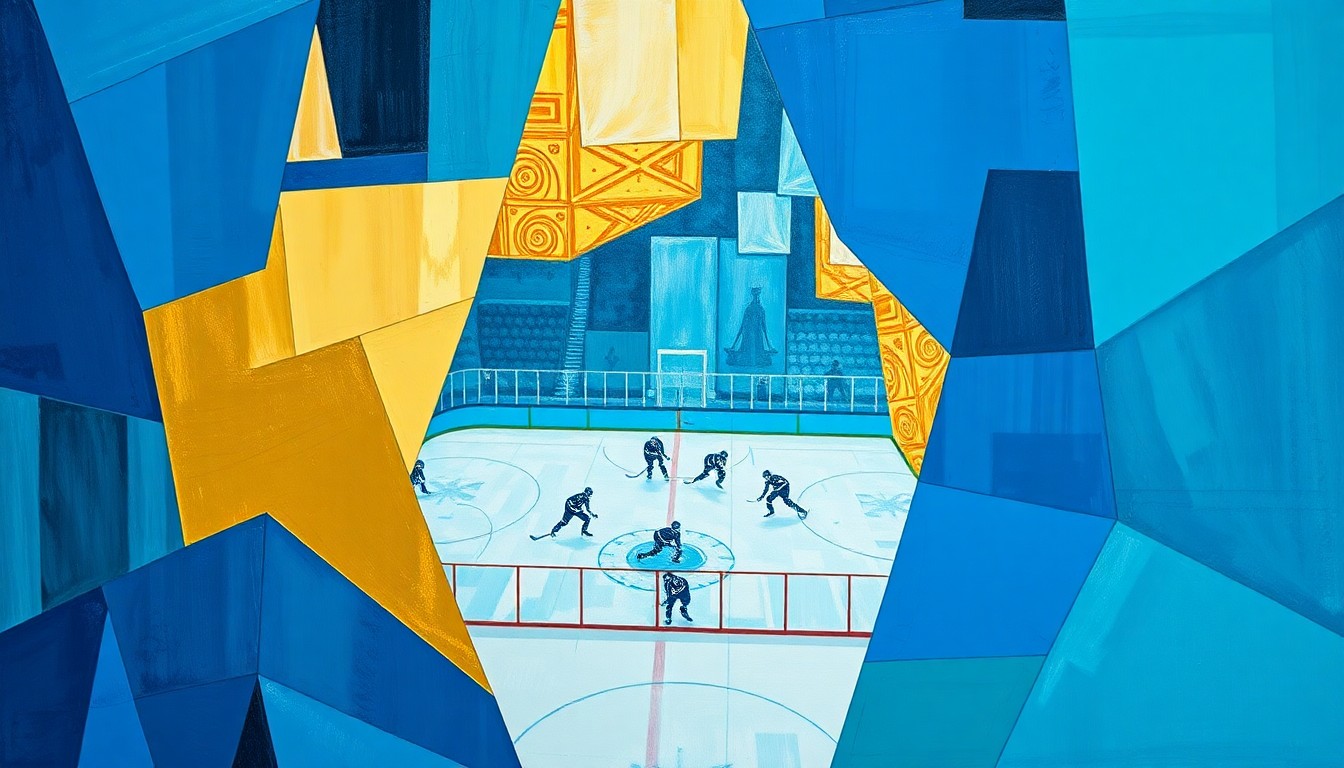 A fragmented, geometric painting depicting the dynamic movements and clashing energies of a hockey game, with sharp planes of blue, gold, and teal colors representing the competing teams.