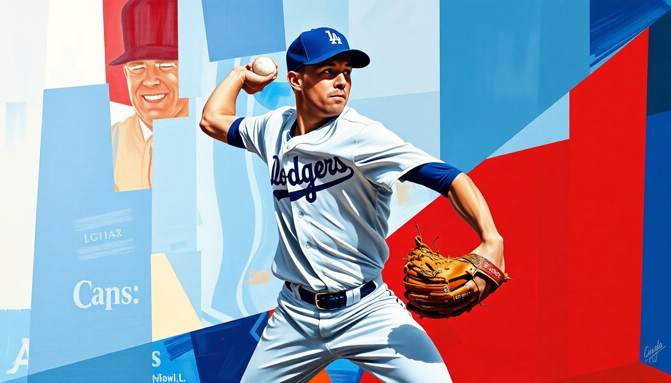 A cubist-style painting depicting a baseball pitcher's delivery broken down into overlapping geometric shapes in shades of blue and red, conveying the dynamic motion and energy of the sport.