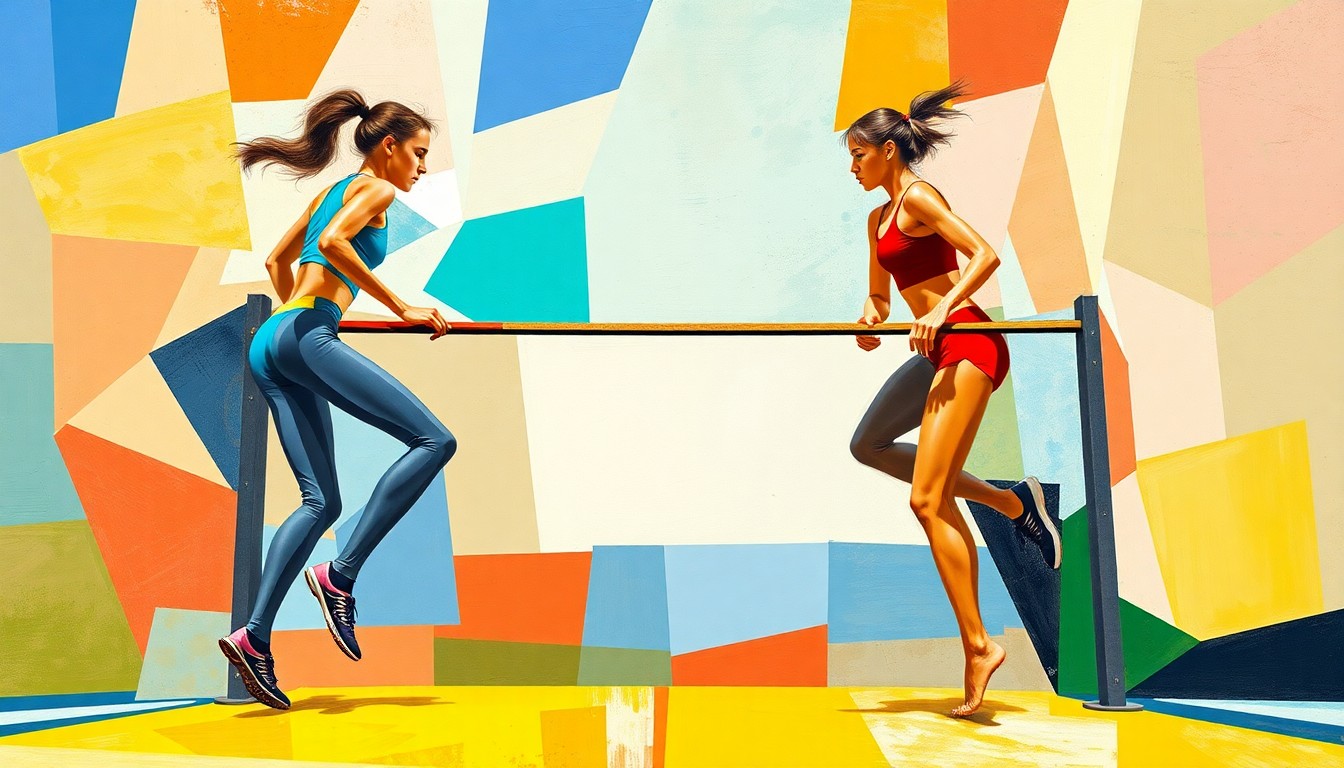 A fractured, geometric painting depicting a high jump competition, with the athletes and equipment broken down into sharp, overlapping planes of color and shape.