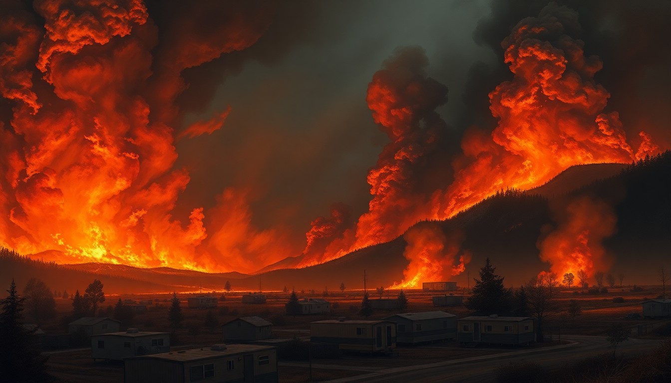 A sweeping, atmospheric landscape painting depicting a massive wildfire consuming a mobile home park in the distance, the physical structures dwarfed by the overwhelming scale and intensity of the flames.
