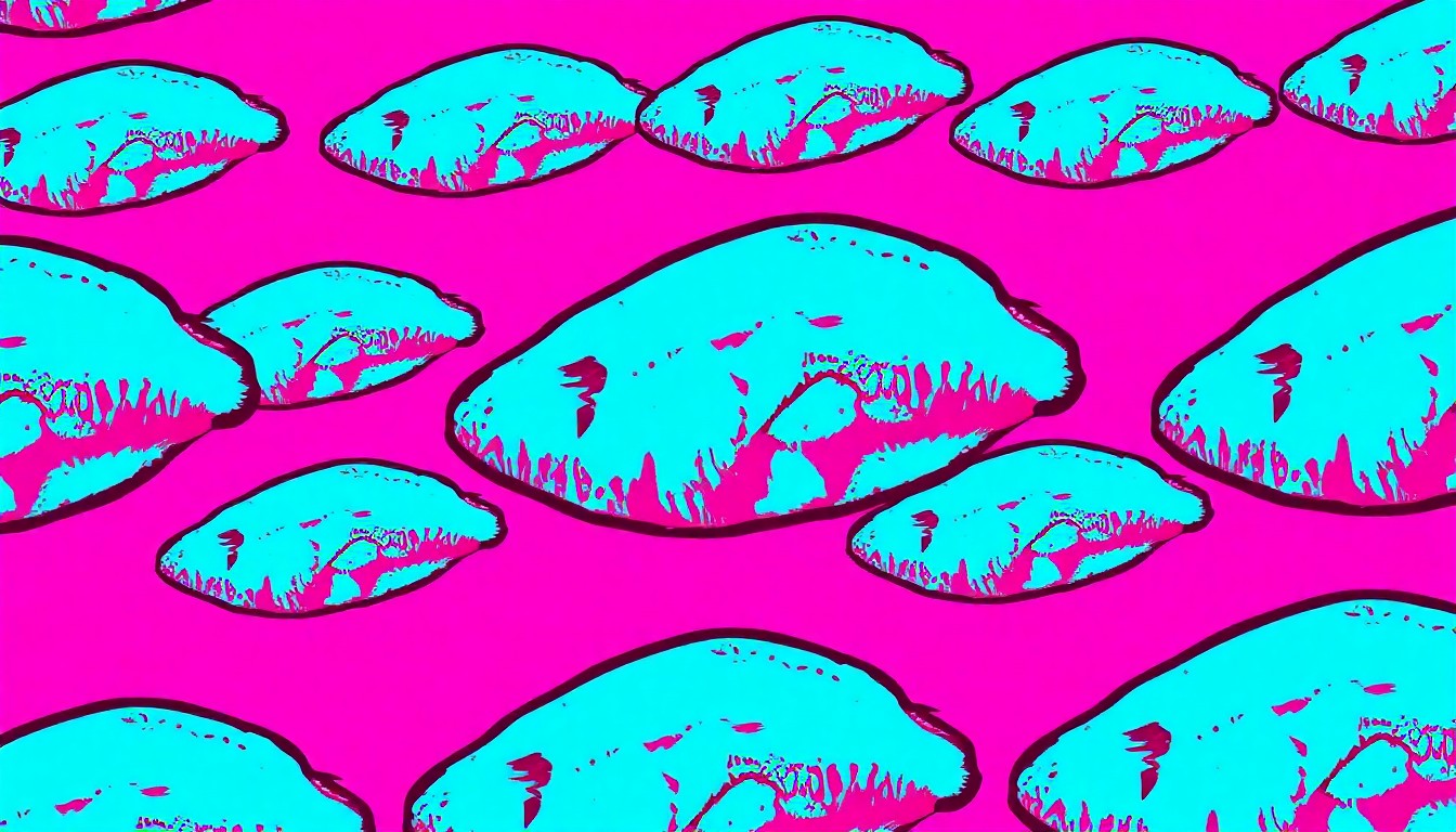 A vibrant, high-contrast silkscreen print featuring a repeated image of a golden-fried fish fillet or hush puppy in a grid pattern, conceptually representing the celebratory community event.