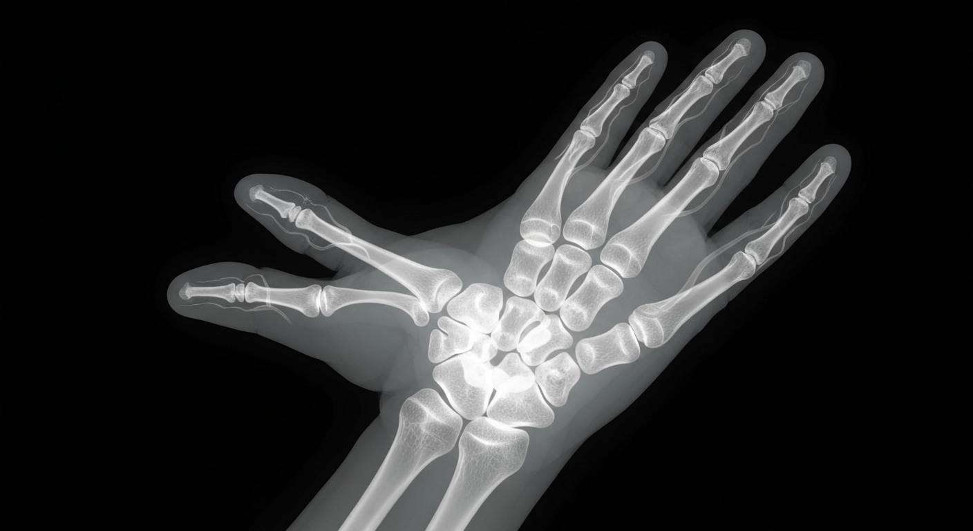 A ghostly, translucent X-ray photograph showing the internal structure of a human hand, with glowing bones and veins against a dark background, conceptually representing the skin's delicate barrier and the need to protect it.