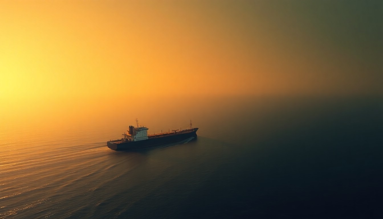 A serene, photorealistic painting of an oil tanker ship navigating the narrow Strait of Hormuz, with the surrounding landscape bathed in warm, golden light and deep shadows, conveying a sense of quiet tension and uncertainty.