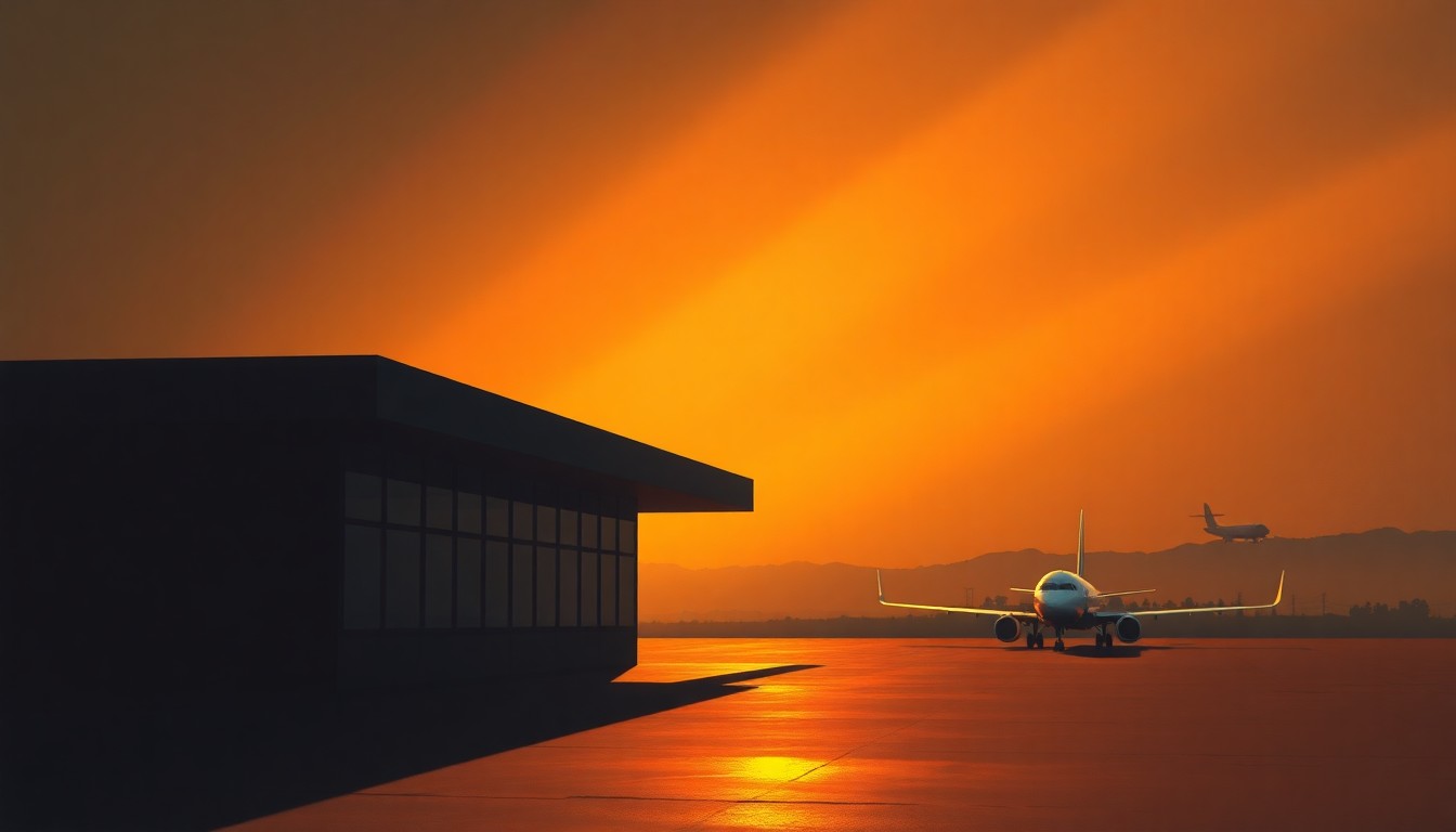 A serene, cinematic painting of a solitary airport terminal building in warm, golden light, with a faint outline of a private jet in the background, conceptually representing the political power and influence associated with the airport's renaming.