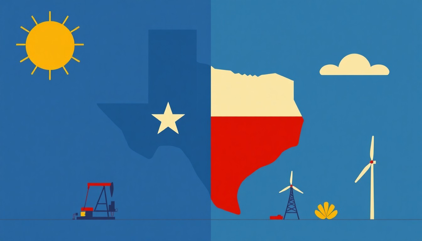 A geometric composition of overlapping triangles and rectangles in shades of blue, orange, and gray, conceptually representing the complex and shifting energy landscape in Texas.