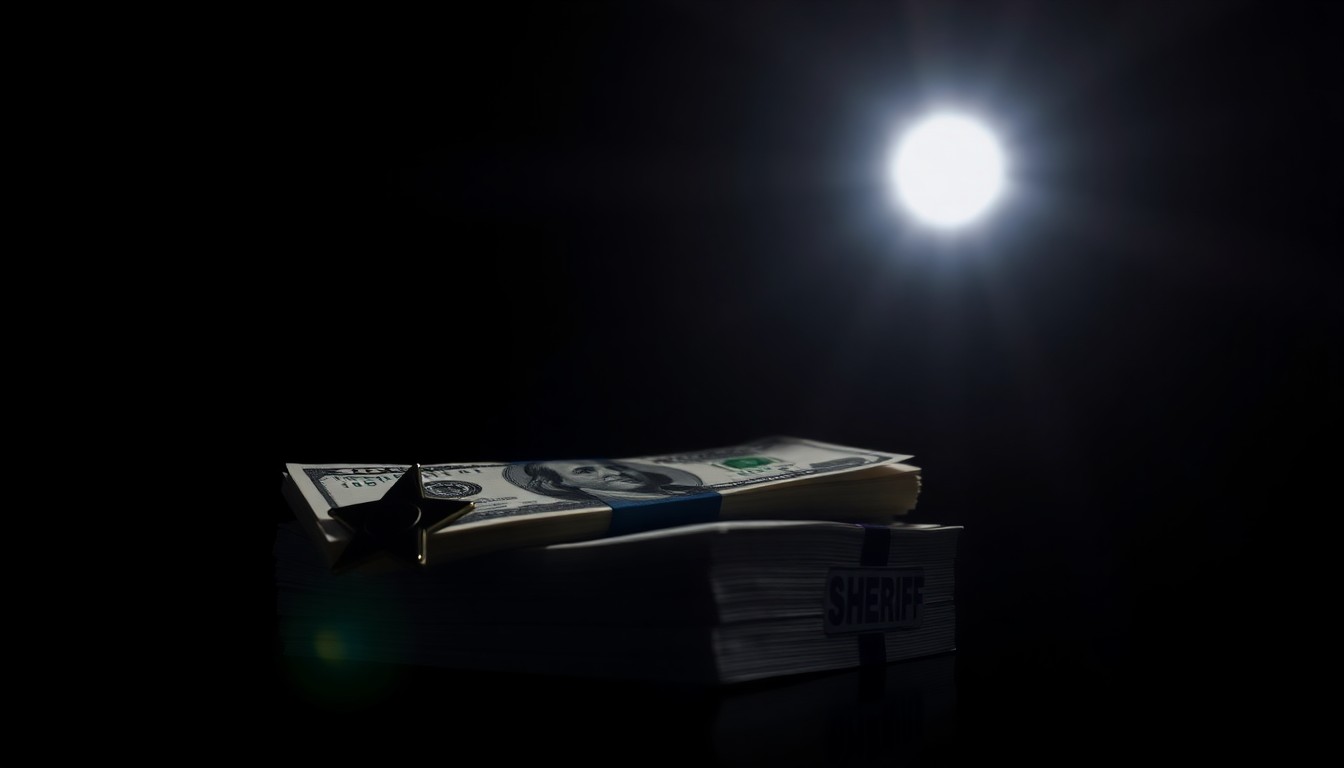 An extreme close-up photograph of a stack of cash bills and a sheriff's badge against a pitch-black background, creating a stark, gritty, investigative aesthetic through the use of harsh, direct lighting.
