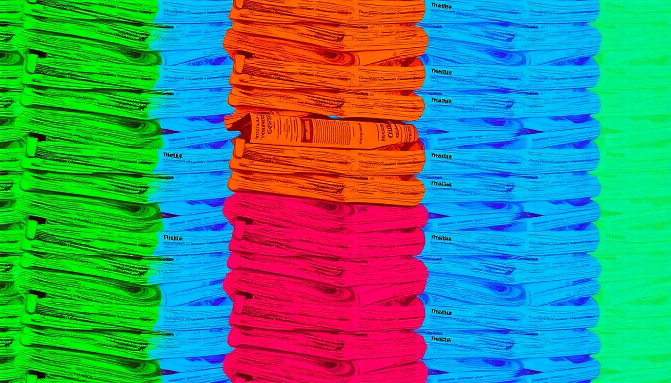 A high-contrast, silkscreen-style illustration of a stack of newspapers and a reporter's notebook, repeated in a grid pattern with bold, neon-like colors, conceptually representing the achievements of student journalists.