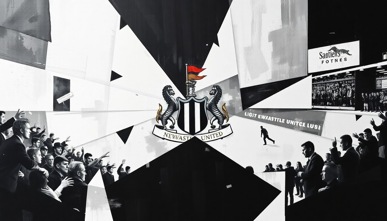 A cubist, geometric painting in black, white, and shades of gray, depicting a fragmented, multi-angled view of a soccer match, representing the complex dynamics surrounding Newcastle United's head coaching position.