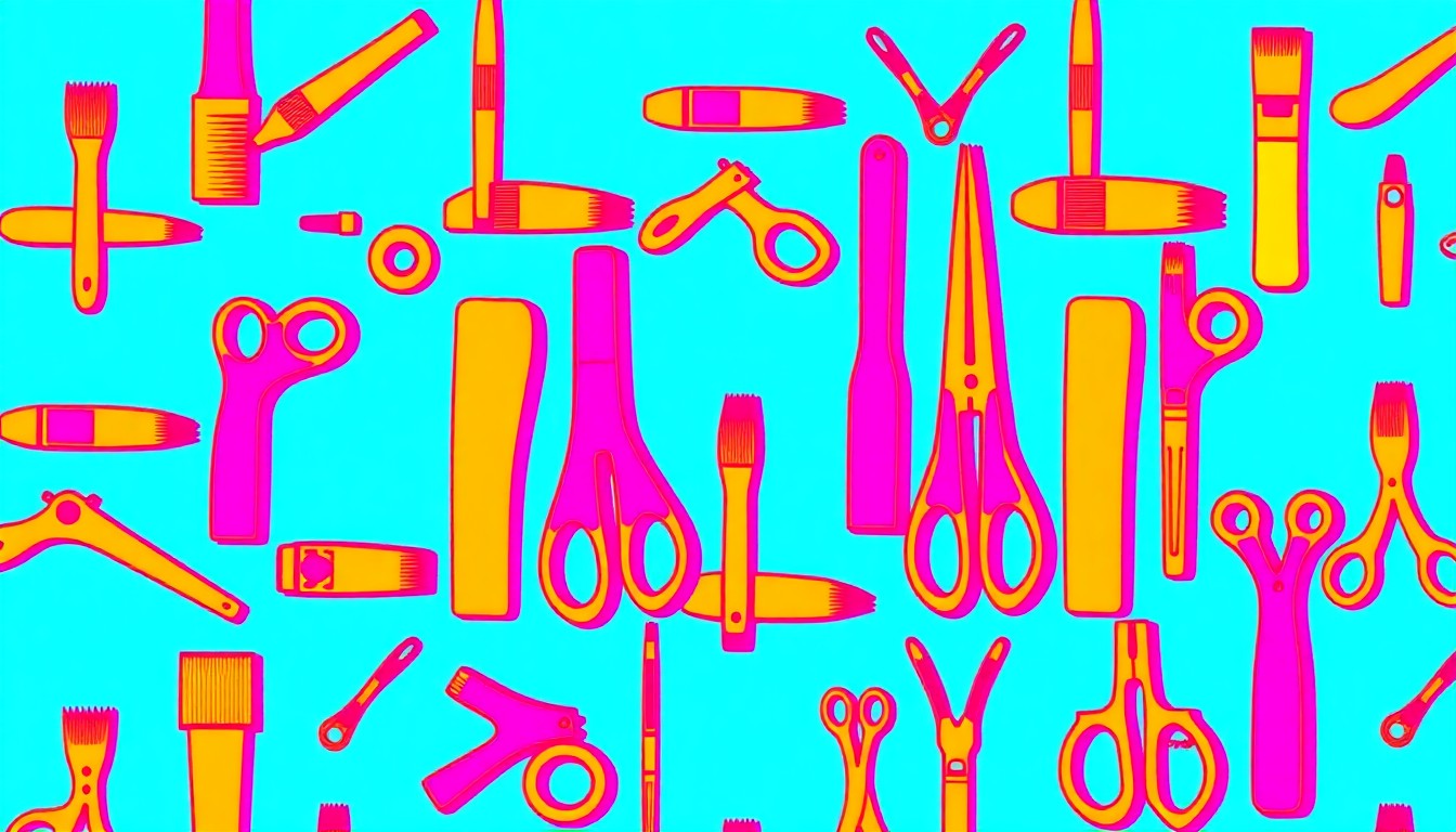 A vibrant, high-contrast silkscreen print featuring a repeated pattern of various art supplies like paintbrushes, glue sticks, and scissors, rendered in a bold, pop art style that captures the whimsical and creative energy of the 'Bad Art Night' event.