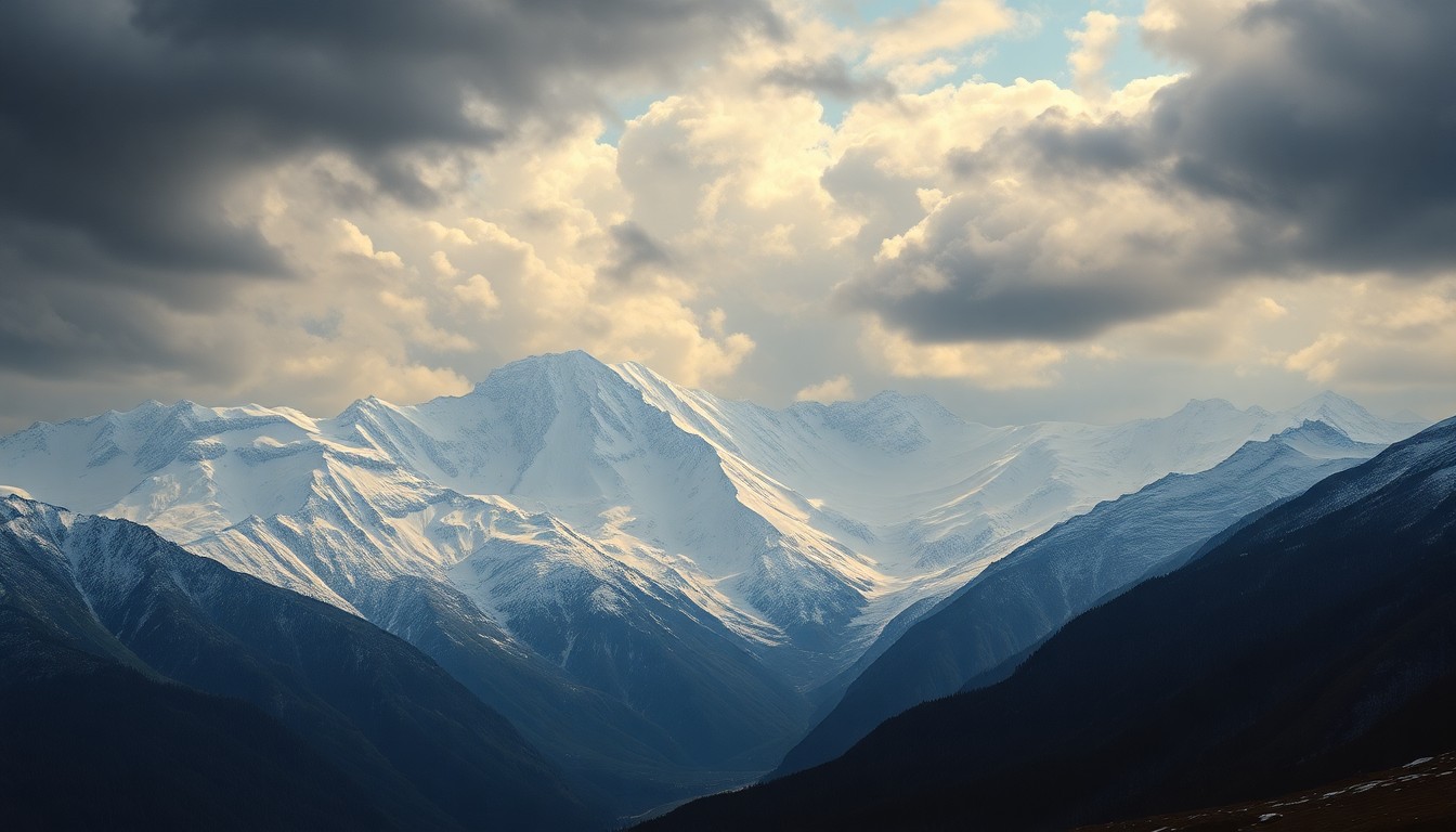 A sweeping, atmospheric landscape painting depicting a snow-covered mountain range under a dramatic, cloudy sky. The vast, majestic scale of the natural environment dwarfs any physical structures or objects, conveying a sense of the sublime power of the weather.