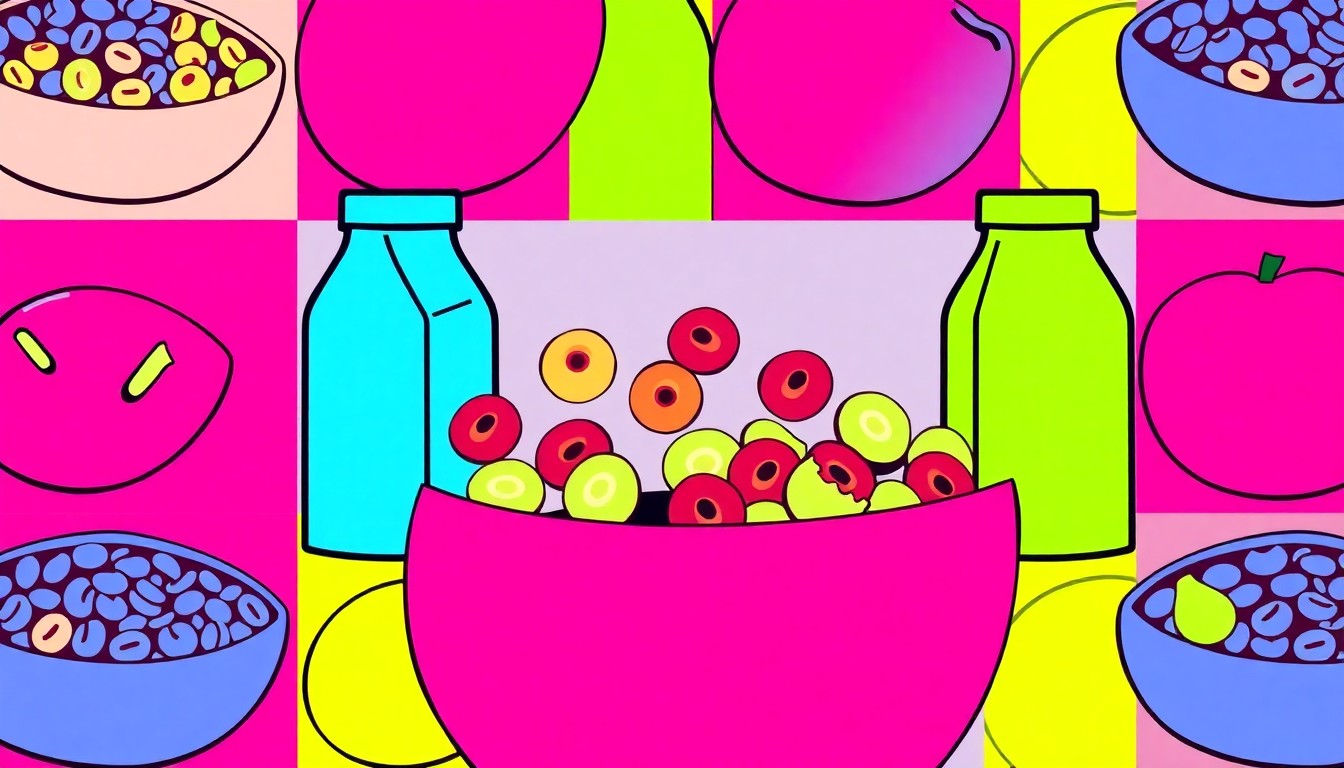 A brightly colored, high-contrast silkscreen print of a single, iconic food item such as a bowl of cereal, a piece of fruit, or a carton of milk, repeated in a tight grid pattern, conceptually representing the ongoing challenge of food access and security on the University of Minnesota Morris campus.